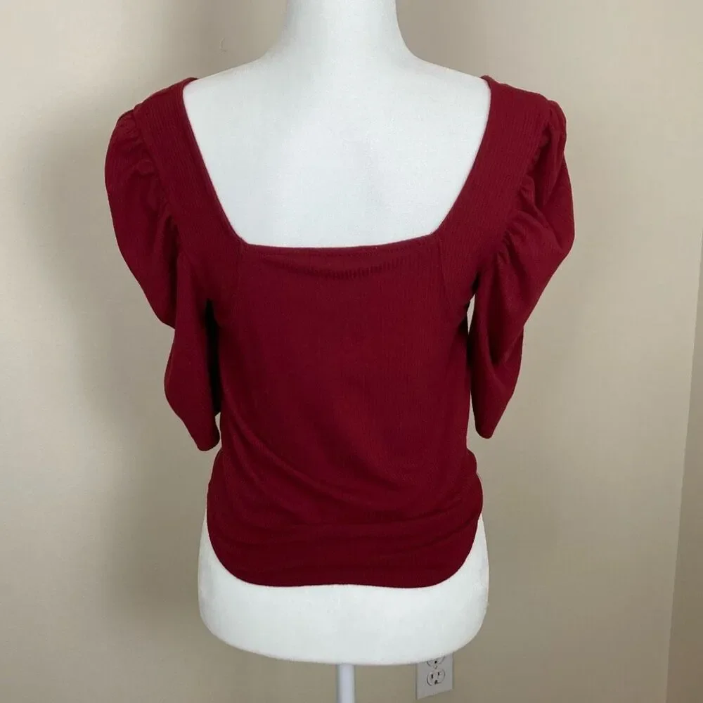 Free People We The Free Burgundy Ribbed Square Neck‎ Puff Sleeve Top Size Large